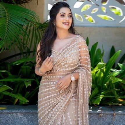 Saree For Women's And Girls Net Fabric Saree With Fancy Sequance Embroidery Work With Feather Lace In Pallu